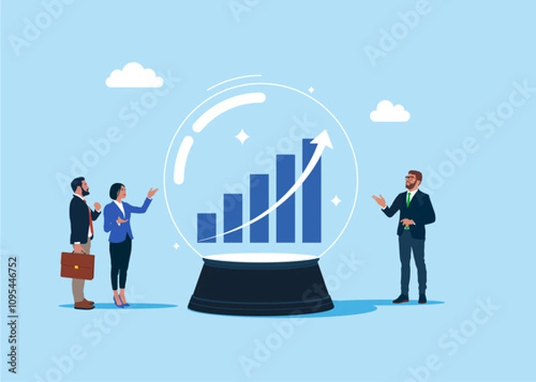 Fototapeta Crystal magic ball and business team    touching crystal ball with rising profit graph. Make money to get rich or increase earning or income. Flat vector illustration
