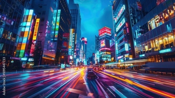 Fototapeta A vibrant cityscape at night with colorful lights and moving traffic.