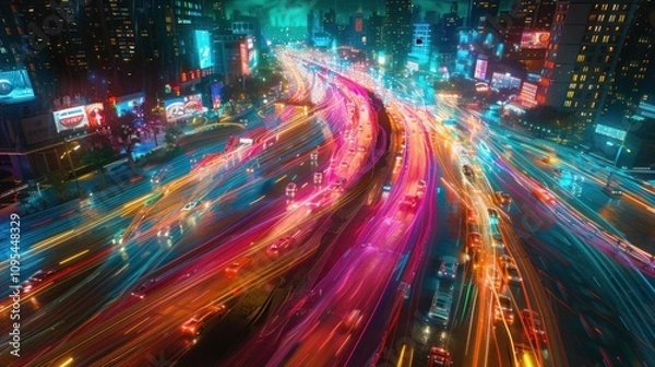 Fototapeta A vibrant cityscape at night, showcasing light trails from moving vehicles on a busy road.