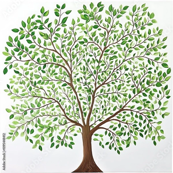 Fototapeta A central composition of a tree with green leaves, set against a white background. The detailed depiction showcases the tree's branches and the lushness of the leaves