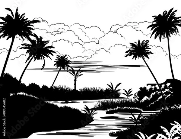 Fototapeta River bank. Image of black silhouette isolated on white background. Vector tropical landscape. Plants in jungle. Southern thickets. Tall palm trees.