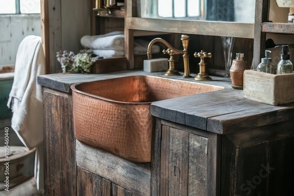 Fototapeta A rustic chic bathroom with distressed wood cabinets, a copper sink, and antique brass fixtures.
