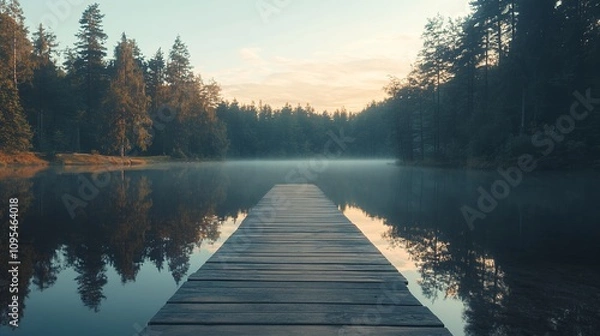 Fototapeta Tranquil Morning at a Serene Lake With a Wooden Dock Surrounded by Lush Trees and Misty Water Reflections