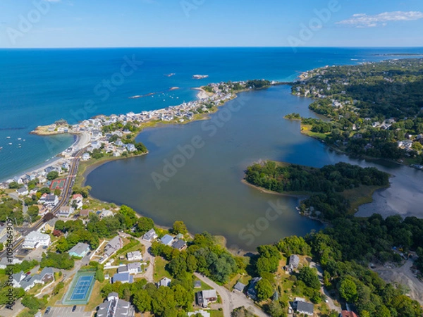 Fototapeta Straits Pond and Hull coast aerial view at Atlantic district in Hull, Massachusetts MA, USA. 