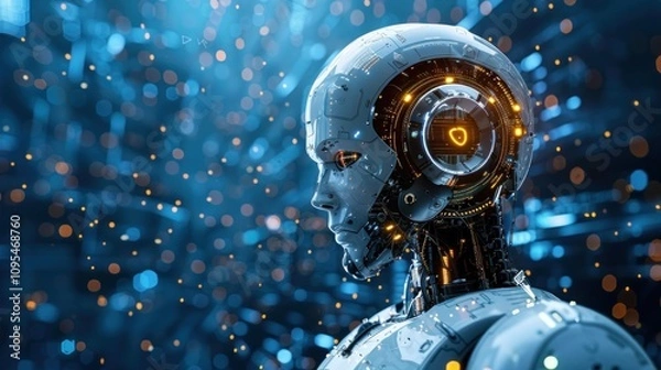 Fototapeta Futuristic robot head profile, glowing internal components, digital background.