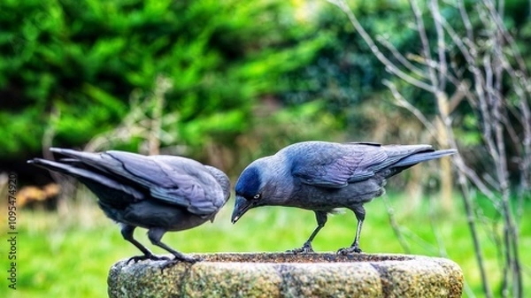 Obraz Two jackdaws perched in a garden