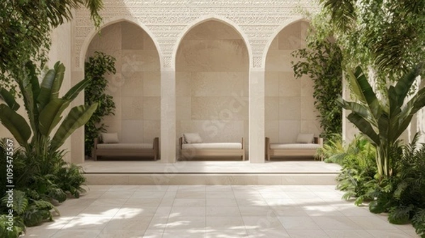 Fototapeta Tranquil Oasis: Modern Arabian Islamic Garden Patio 3D Render with Ornate Tiles and Lush Plants