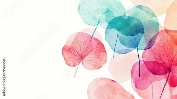 Fototapeta   A photo of a group of green foliage against a clean white backdrop, featuring a vibrant blue and red design at the base