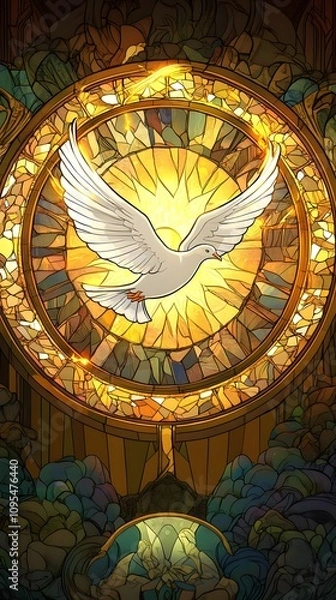 Fototapeta A stained glass window with a white dove in the center, a golden background, and light emanating from the circle around it