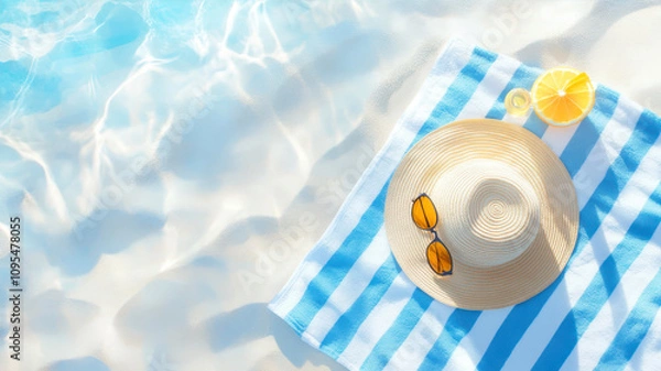 Fototapeta Bright Summer Day on a Blue and White Striped Beach Towel With Refreshing Citrus and Sunglasses by the Water's Edge