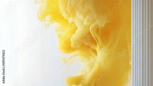 Fototapeta A yellow smoke with black edges, swirling and rising from the bottom of an all-white background
