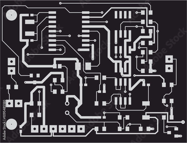 Fototapeta Tracing conductors of printed circuit board of electronic device. Vector engineering drawing of pcb design. Electric background. Computer technic cad project.