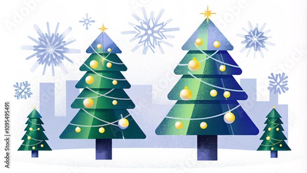 Fototapeta Festive Christmas vector design with decorated pine trees, snowflakes, and golden ornaments, in a modern flat illustration style, perfect for greeting cards and web banners