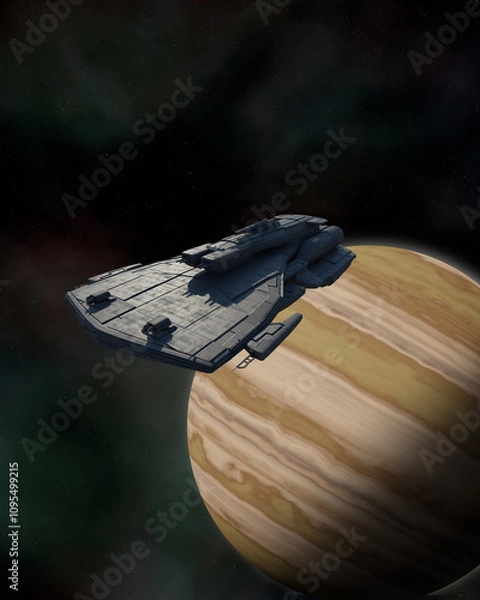 Obraz Space Ship with Multiple Gun Turrets Leaving Orbit of a Gas Giant Planet, 3d digitally rendered science fiction illustration