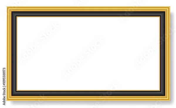Obraz An Illustration of realistic gold black picture frame with wood texture. Approximate frame size 375 x 220 cm, ratio 16 9 at 72 dpi. This image is NOT generated by Ai. vector version is available  