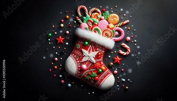 Fototapeta bright Christmas sock with sweets on black background with copy space