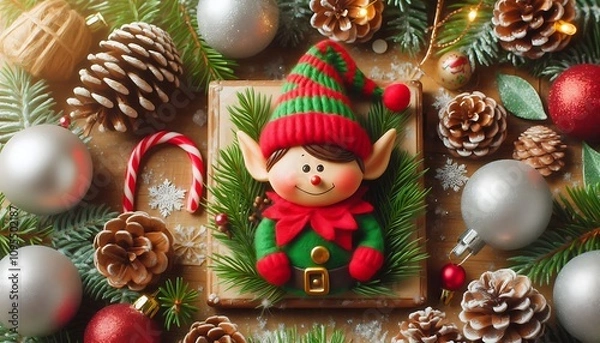 Fototapeta festive bright christmas card with pine cones and an elf with cones copy space