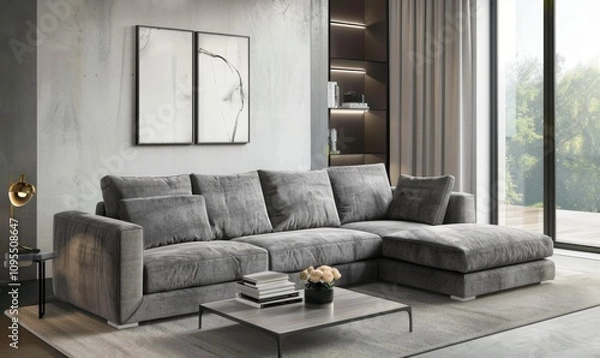 Fototapeta A modern living room showcases a plush gray sectional sofa paired with a sleek coffee table, accentuated by stylish picture frames displayed prominently above