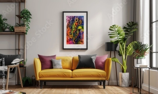 Fototapeta Bright colors from the artwork attract attention in a warm living room featuring a cheerful yellow sofa and elegant plants. The modern decor invites comfort and creativity in the space