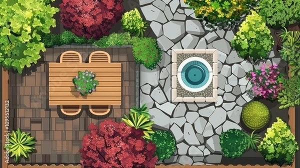 Obraz Aerial View of a Landscaped Backyard Garden with Patio