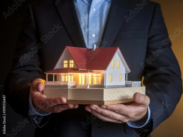Obraz Empresario sosteniendo un modelo de una hermosa casa iluminada por luz interior
