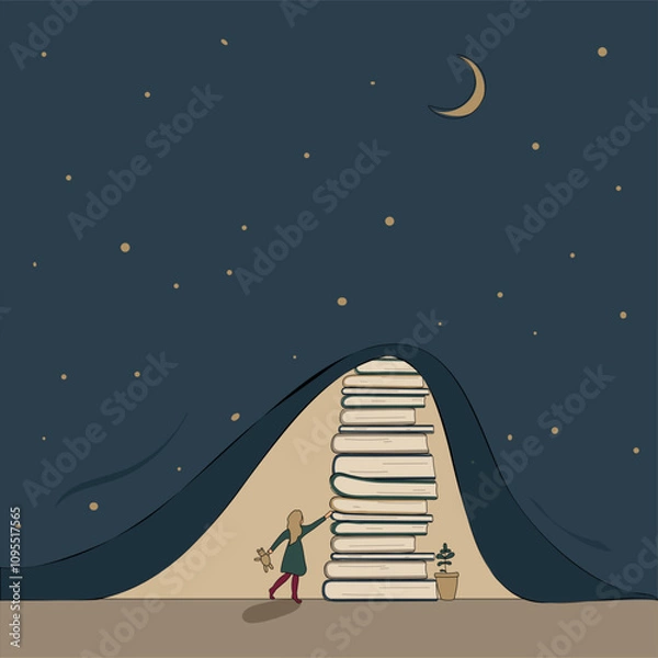 Fototapeta Concept:book is source of knowledge.Stack of books lifted curtain of darkness in form of night sky with moon and stars and showed light. Tiny girl ready to immerse in reading.Hand drawn vector