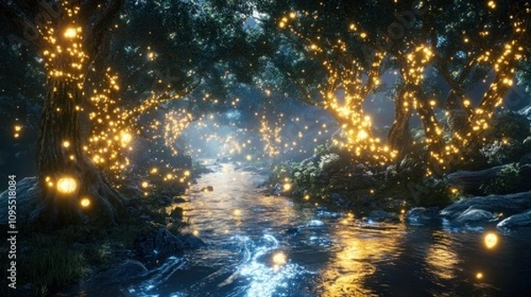 Fototapeta A serene, illuminated forest scene with a flowing stream and glowing lights.
