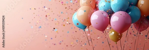 Fototapeta A bunch of colorful balloons with confetti falling around them