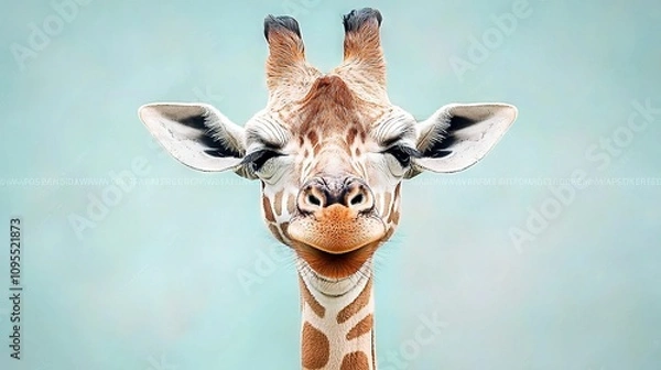 Fototapeta   Close-up of giraffe's face with blue background and blue sky
