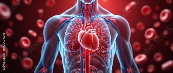 Obraz Illustration of the human cardiovascular system showcasing the heart and red blood cells in a vibrant red background, emphasizing circulatory function and health.

