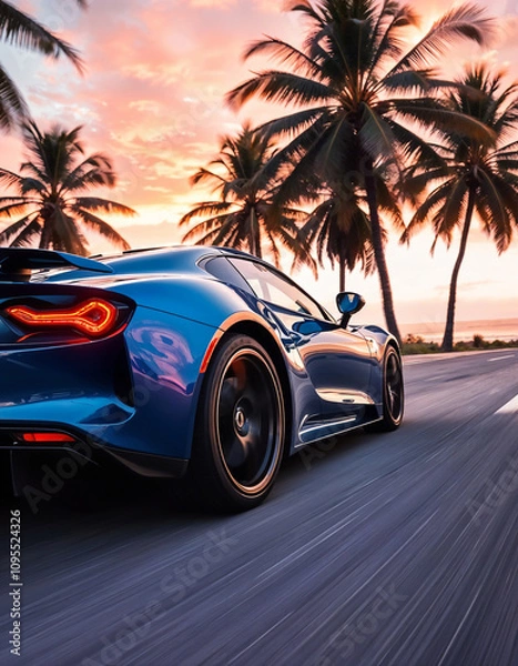 Fototapeta A blue sports car speeds along a coastal road at sunset, palm trees framing the scene. The vibrant colors and motion blur create a sense of freedom and luxury.