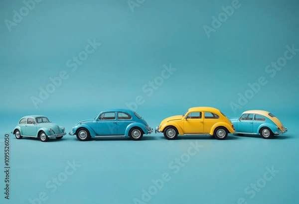 Fototapeta Vintage Cars Lineup Retro Blue, Yellow, and Teal Models