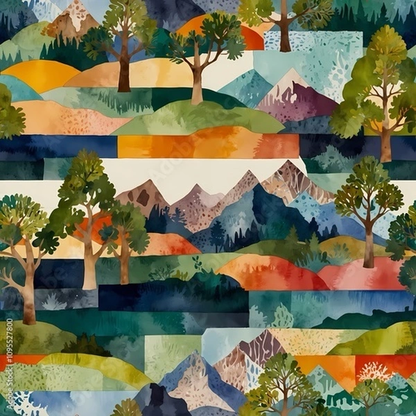 Fototapeta Colorful landscape with mountains, trees, and abstract shapes in a vibrant artistic design inspired by nature
