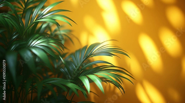 Fototapeta Green palm tree flower on yellow wall background with highlights on wall