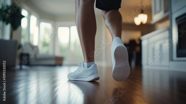 Fototapeta Man stretching his calf muscle on a step while holding his painful Achilles tendon, showing relief techniques in a home setting.