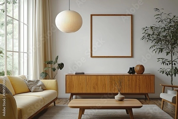 Fototapeta A mid century modern interior in a living room with minimalist, yellow sofa and pendant lighting and wood cabinet. Generative AI
