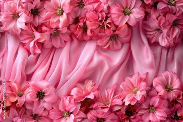 Fototapeta Pink flower background with drapes  fabric textures  and patterns.
