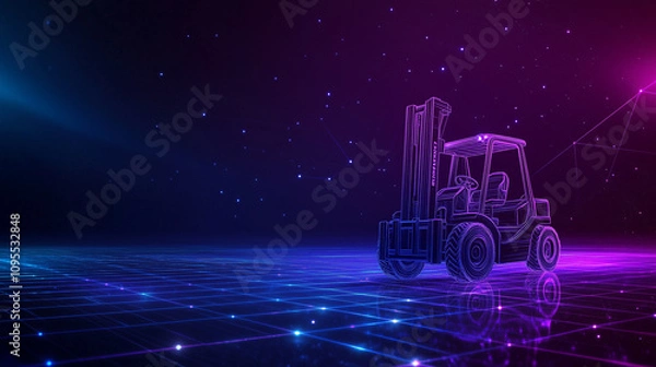 Fototapeta A minimalist yet futuristic forklift illustration, with glowing outlines and a purple and blue geometric background.