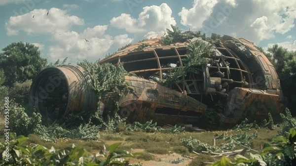 Fototapeta A crashed spacecraft overgrown with vegetation. AI.
