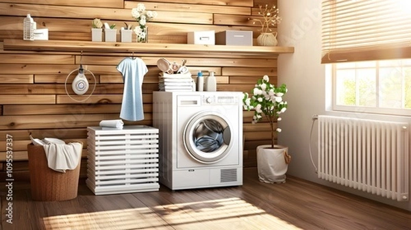 Fototapeta A clean and bright laundry room with a washing machine, shelves, and a window.