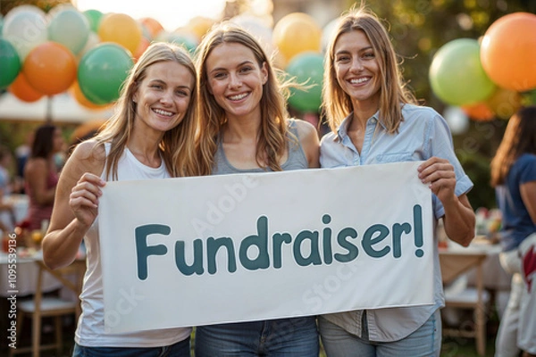 Fototapeta Fundraising event banner held by volunteers, daytime setting