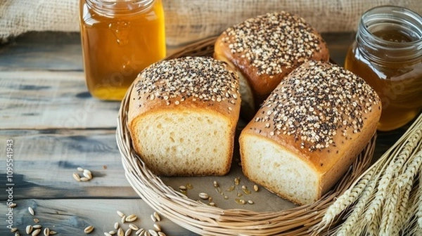 Obraz Basket of multigrain bread with wheat stalks and honey on rustic wood