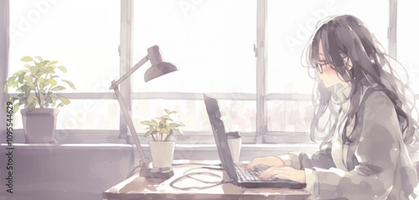 Obraz 在宅ワークをする女性。イラスト。水彩画。アニメ。バナー背景。