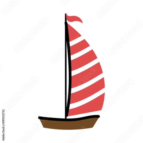 Fototapeta A simple illustration of a sailboat with red and white sails. Doodle ship.