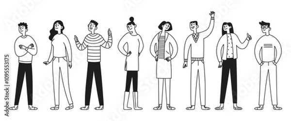 Obraz Set of doodle funny characters, diversity people. Man and woman, full growth. Black and white style vector