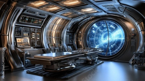 Fototapeta High-Tech Futuristic Laboratory Interior with Control Panels and Space View through Large Circular Window in Science Fiction Setting