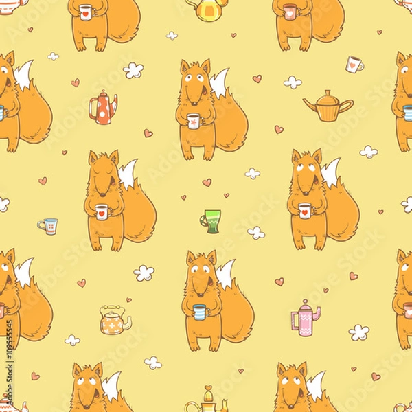 Fototapeta Vector seamless pattern with cute cartoon foxes, teapot and cups on morning background. Children's illustration. Vector image.