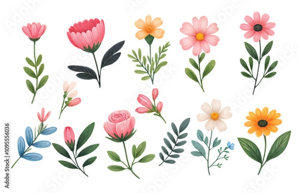 Fototapeta A collection of colorful hand-painted floral elements, including roses, daisies, and leaves, perfect for invitations, scrapbooking, and digital design projects.
