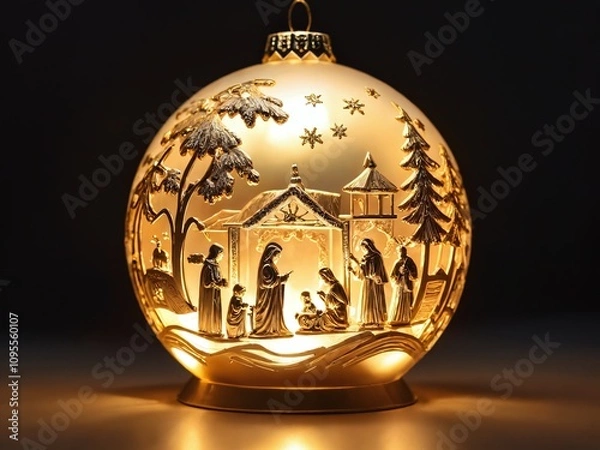 Fototapeta Ornate glass ornament with illuminated nativity scene capturing the essence of Christmas tranquility