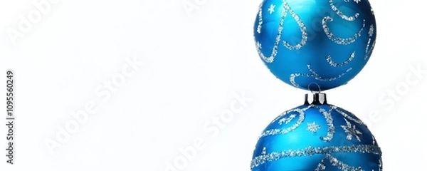 Fototapeta Blue decorative ornaments with intricate patterns hanging against a light background during the holiday season. Christmas and New Year